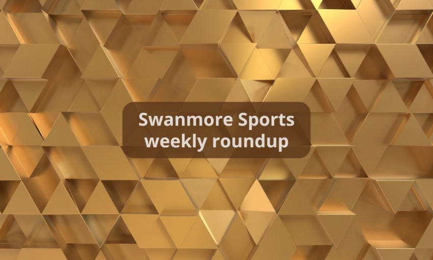 Image shows a background of triangle textured gold with the words Swanmore Sports weekly roundup